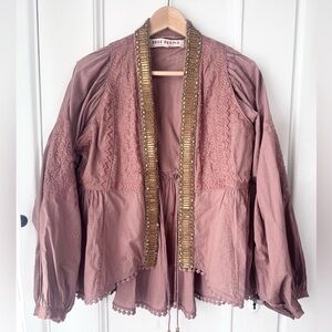 Free People Mauve Embroidered Jacket with Gold Trim